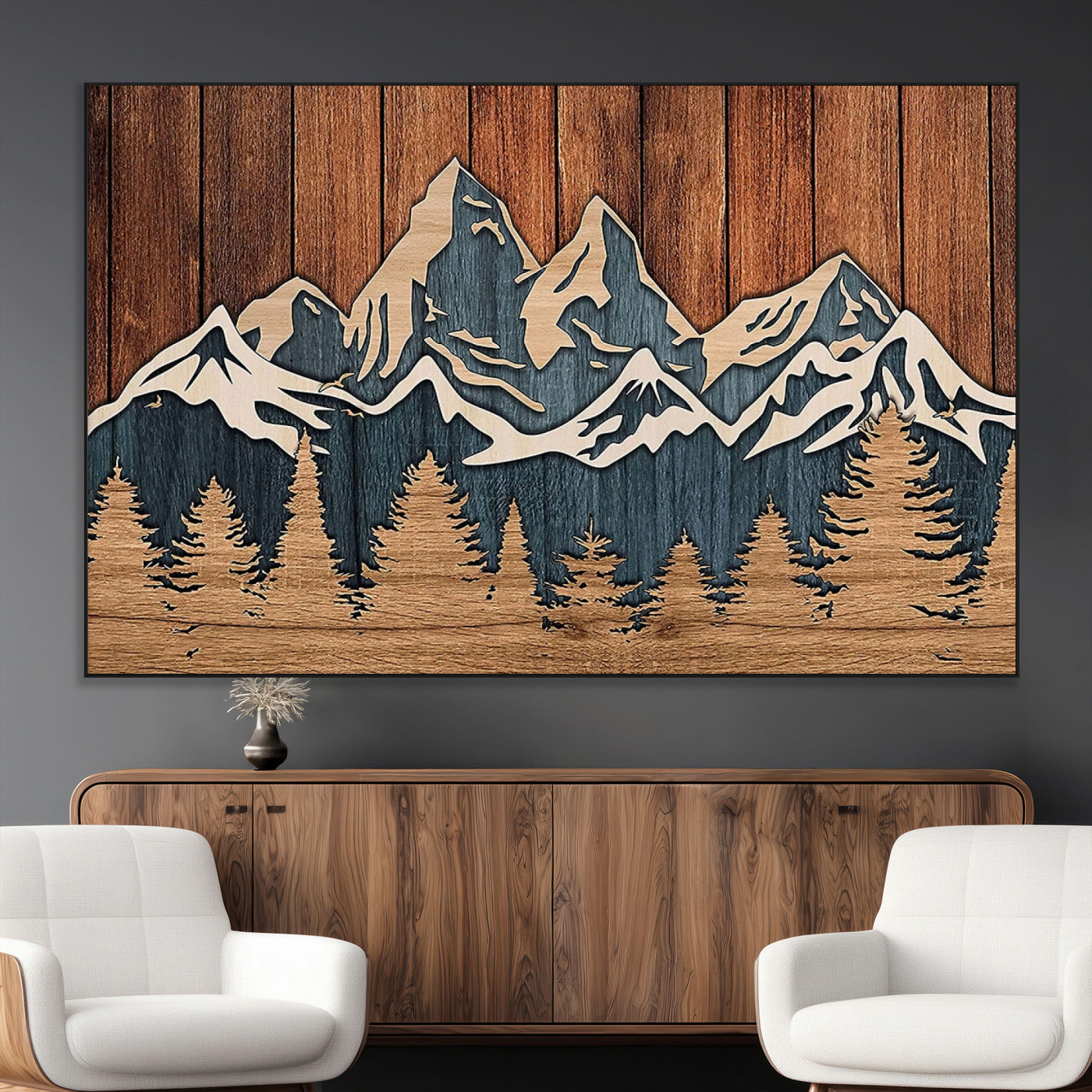 41330-MGV-CV-36X24-Rustic Mountain Wall Art – Wooden Nature Scene with Trees and Peaks, Handmade 3D Layered Decor for Living Room, Cabin or Office