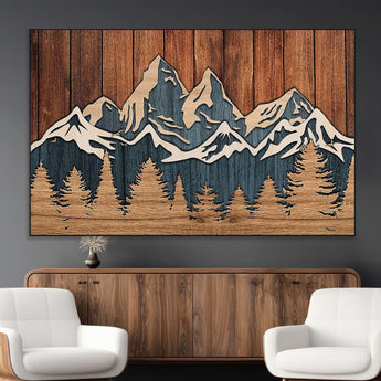 41330-MGV-CV-36X24-Rustic Mountain Wall Art – Wooden Nature Scene with Trees and Peaks, Handmade 3D Layered Decor for Living Room, Cabin or Office