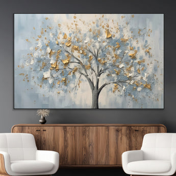 65811-MGV-CV-36X24-Abstract Tree Wall Art – Textured Canvas Painting with Gold and White Leaves, Modern Nature Inspired Decor for Living Room or