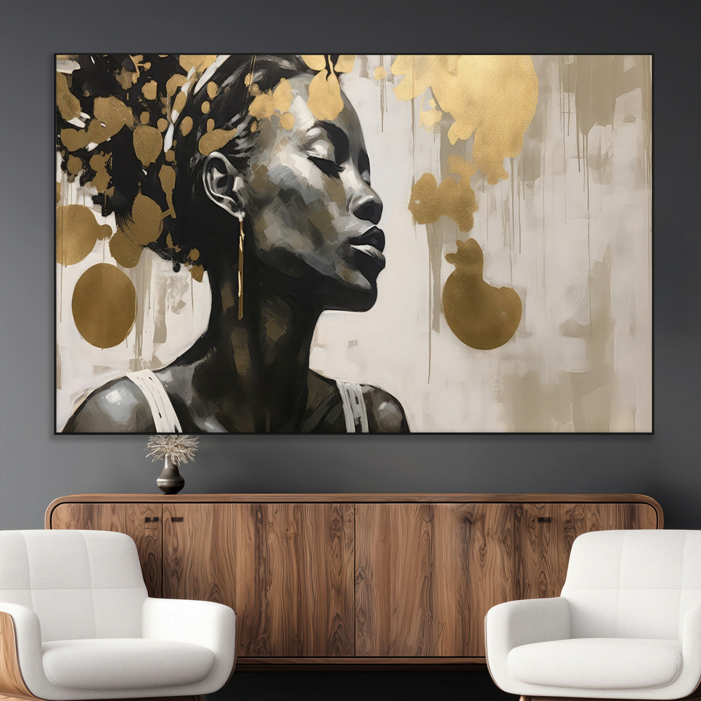 65669-SEG-FC-51X34_Oversize_Oversize-Elegant Black Woman Wall Art – Modern Abstract Portrait Canvas with Gold Accents, Contemporary Afrocentric Decor for Living Room