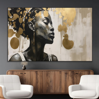 65669-SEG-FC-51X34_Oversize_Oversize-Elegant Black Woman Wall Art – Modern Abstract Portrait Canvas with Gold Accents, Contemporary Afrocentric Decor for Living Room