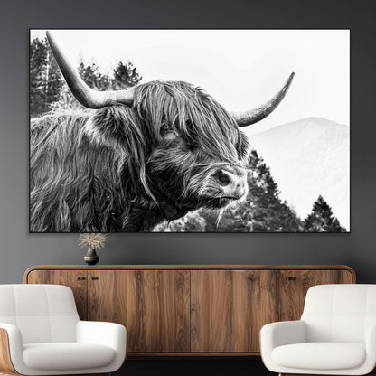 61570-MGV-CV-36X24-Highland Cow Wall Art – Black and White Scottish Bull Canvas Print, Rustic Farmhouse Animal Decor for Living Room, Bedroom, or