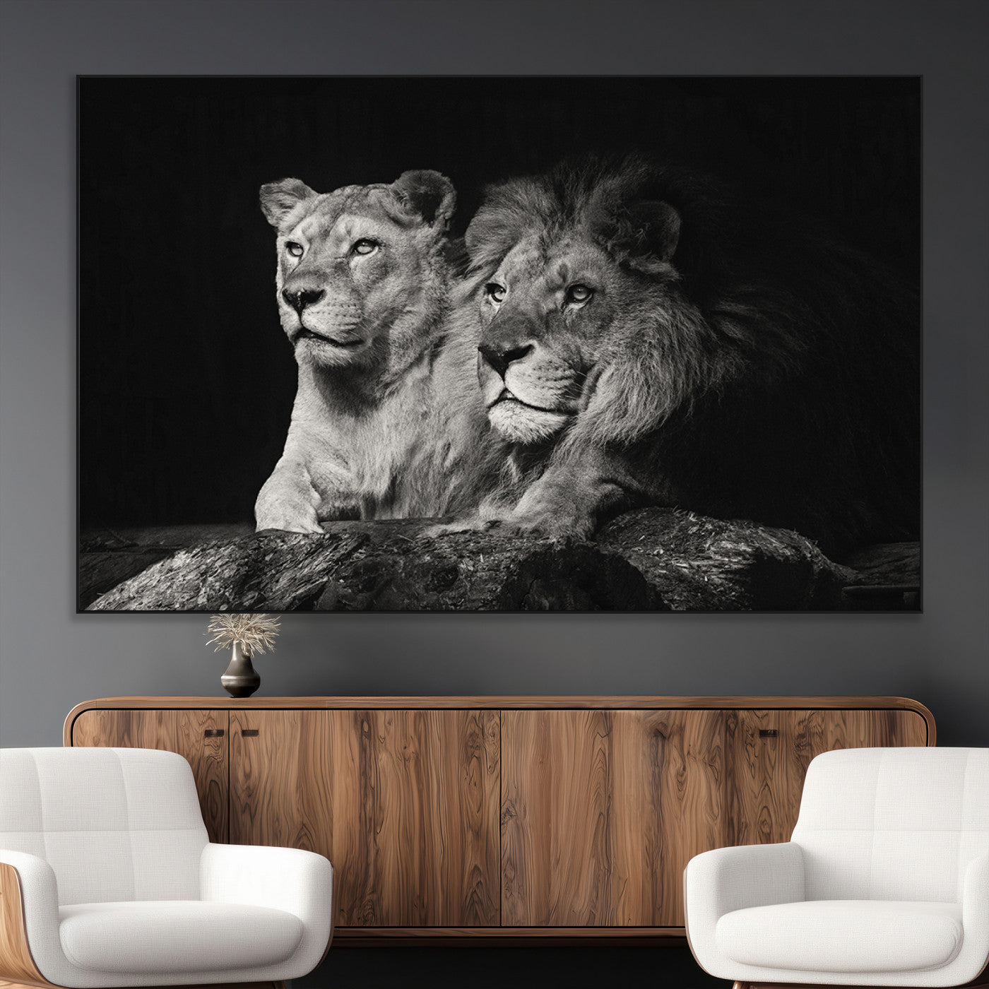 80013-MGV-CV-36X24-Lion and Lioness Wall Art – Black and White Wildlife Photography Canvas Print, African Safari Animal Decor for Office, Bedroom