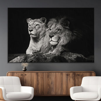 80013-MGV-CV-36X24-Lion and Lioness Wall Art – Black and White Wildlife Photography Canvas Print, African Safari Animal Decor for Office, Bedroom