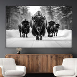 45287-MGV-CV-36X24-Bison Herd Wall Art – Black and White Buffalo Snow Road Canvas Print, Rustic Wildlife Decor for Cabin, Lodge or Living Room