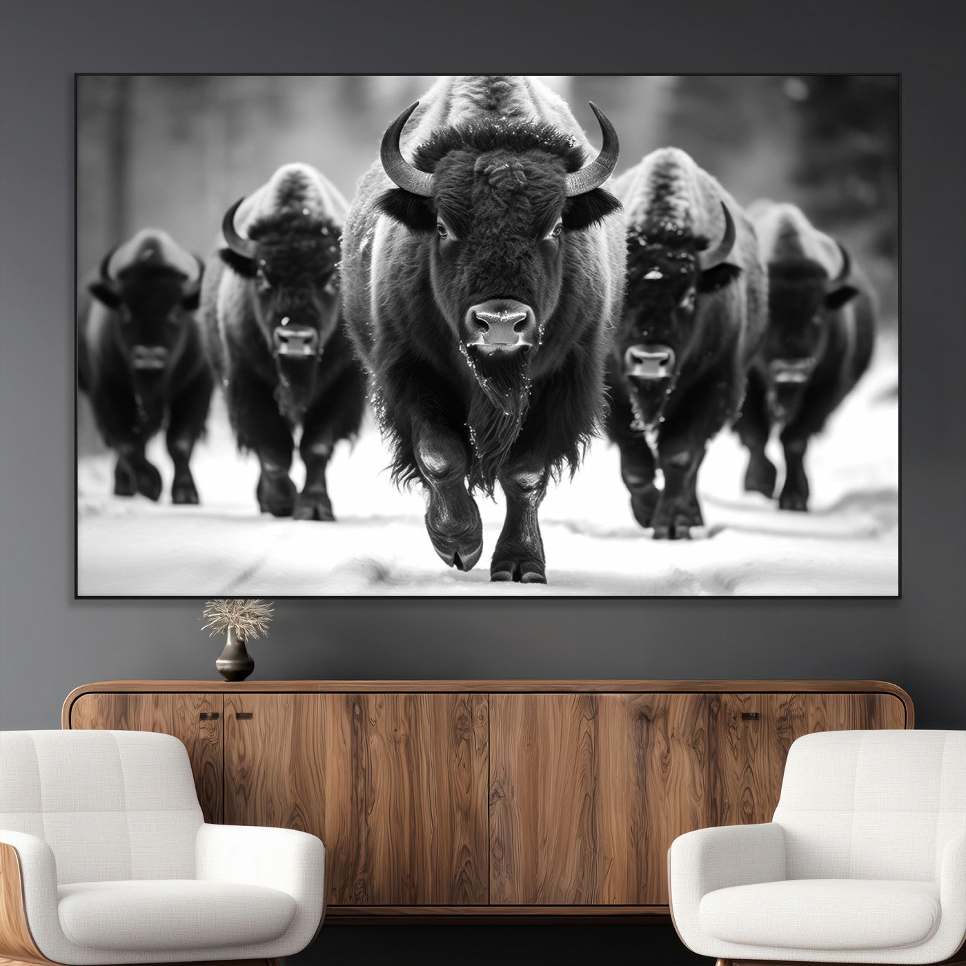 79872-MGV-CV-36X24-Bison Herd Wall Art – Black and White Buffalo on Snow Canvas Print, Rustic Wildlife Decor for Lodge, Cabin, or Living Room