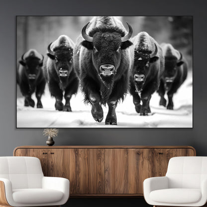 79872-MGV-CV-36X24-Bison Herd Wall Art – Black and White Buffalo on Snow Canvas Print, Rustic Wildlife Decor for Lodge, Cabin, or Living Room