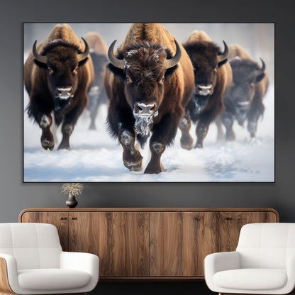 80512-MGV-CV-36X24-Bison Herd Wall Art – Buffalo Running in Snow Canvas Print, Rustic Wildlife Photography Decor for Cabin, Lodge, or Living Room