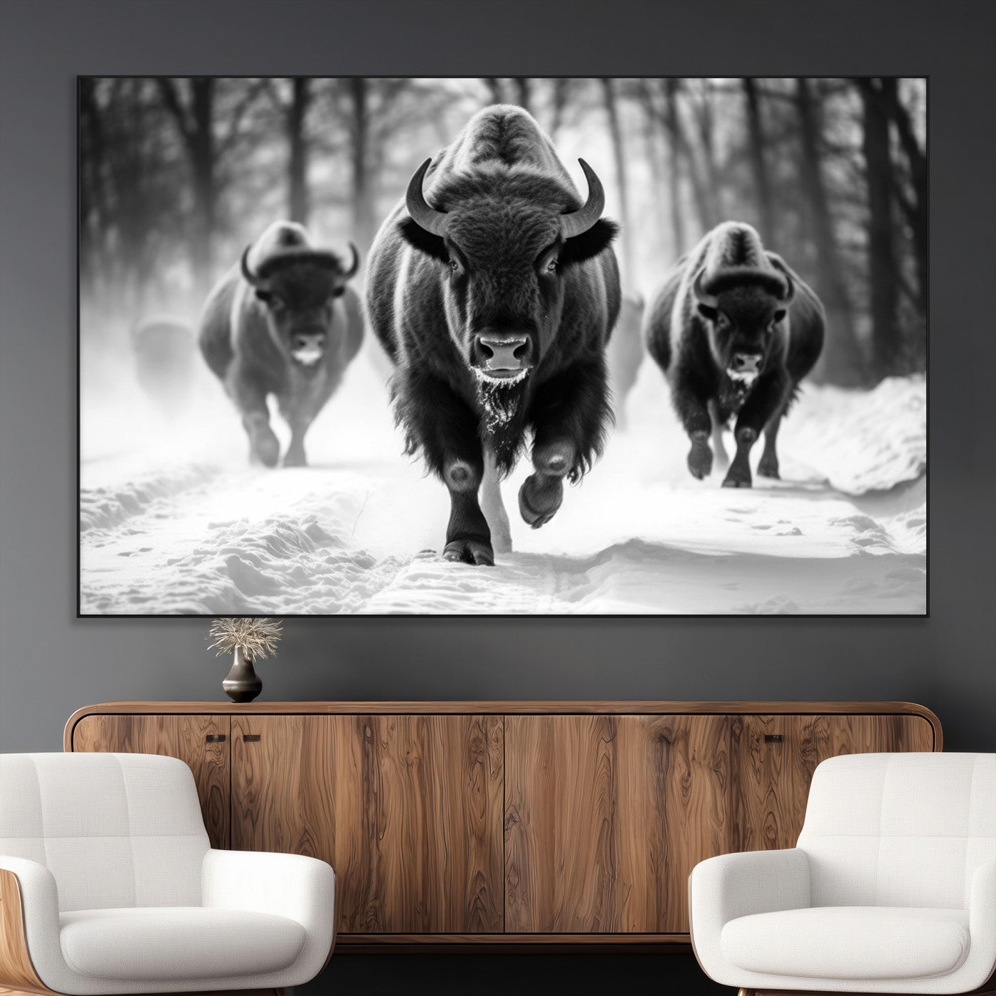 97552-MGV-CV-36X24-Black and White Bison Wall Art – Buffalo Herd Running in Snow Canvas Print, Rustic Wildlife Photography Decor for Cabin, Lodge, or