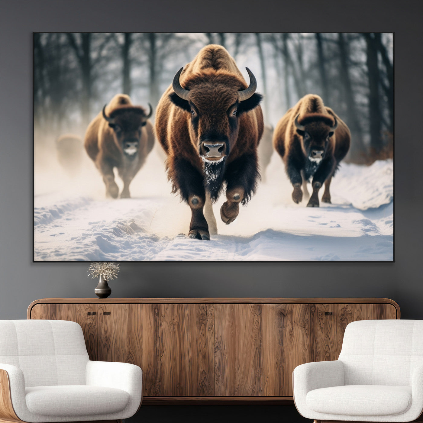 56549-MGV-CV-36X24-Wild Bison Wall Art – Majestic Buffalo Herd Running in Snow Canvas Print, Rustic Wildlife Photography Decor for Cabin, Lodge, or