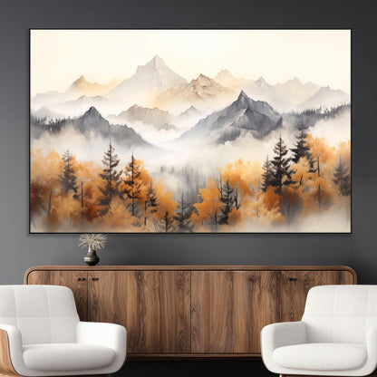 70049-MGV-CV-36X24-Autumn Mountain Forest Wall Art – Misty Landscape Canvas Print, Rustic Nature Inspired Decor for Living Room, Bedroom or Office