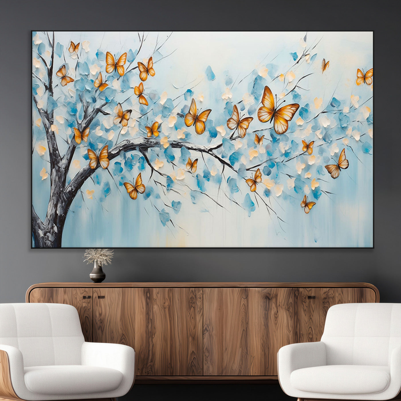 59455-MGV-CV-36X24-Butterfly Tree Branch Wall Art – Blue and Yellow Abstract Canvas Print, Modern Nature Artwork for Living Room, Bedroom or Office