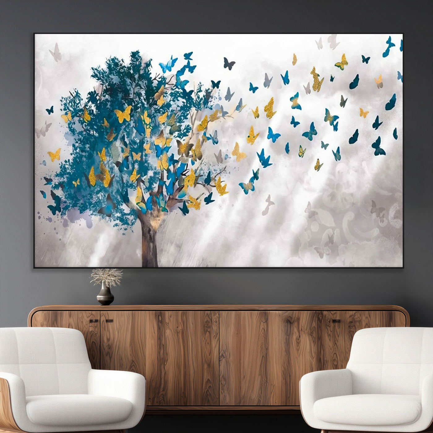 37564-MGV-CV-36X24-Butterfly Tree Wall Art – Modern Nature Canvas Print with Blue and Golden Butterflies, Elegant Decorative Painting for Living Room