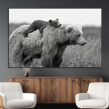 76338-MGV-CV-36X24-Mother Bear and Cub Wall Art – Black and White Wildlife Canvas Print, Rustic Nature Photography for Cabin, Living Room or Office