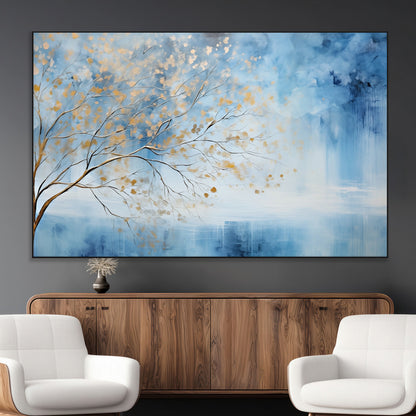 23891-MGV-CV-36X24-Abstract Tree Wall Art – Minimalist Blue and Gold Canvas Painting, Elegant Nature-Inspired Artwork for Living Room, Bedroom or
