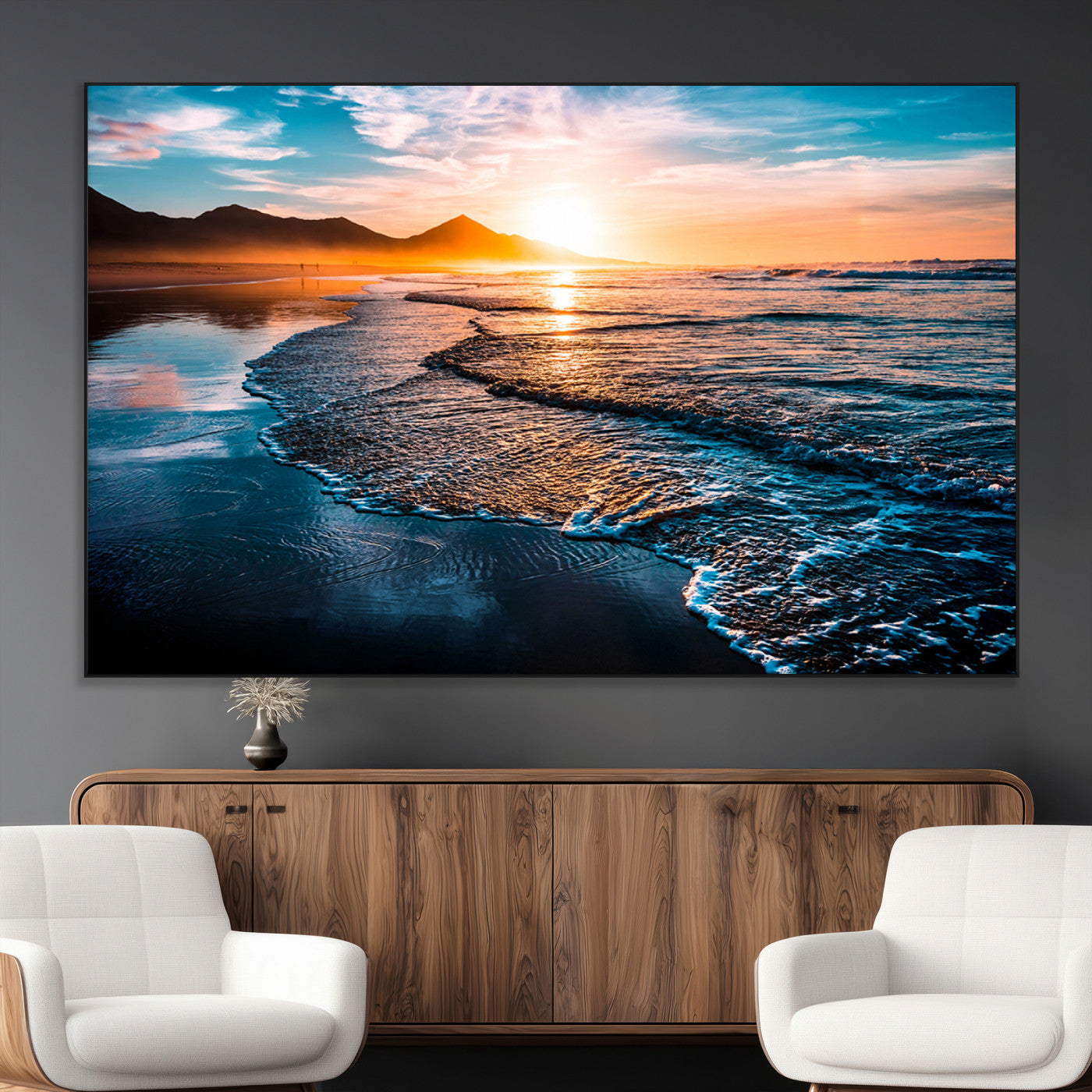 26494-MGV-CV-36X24-Ocean Sunset Wall Art – Scenic Beach Canvas Print with Waves and Mountains, Coastal Seascape Photography for Living Room, Bedroom