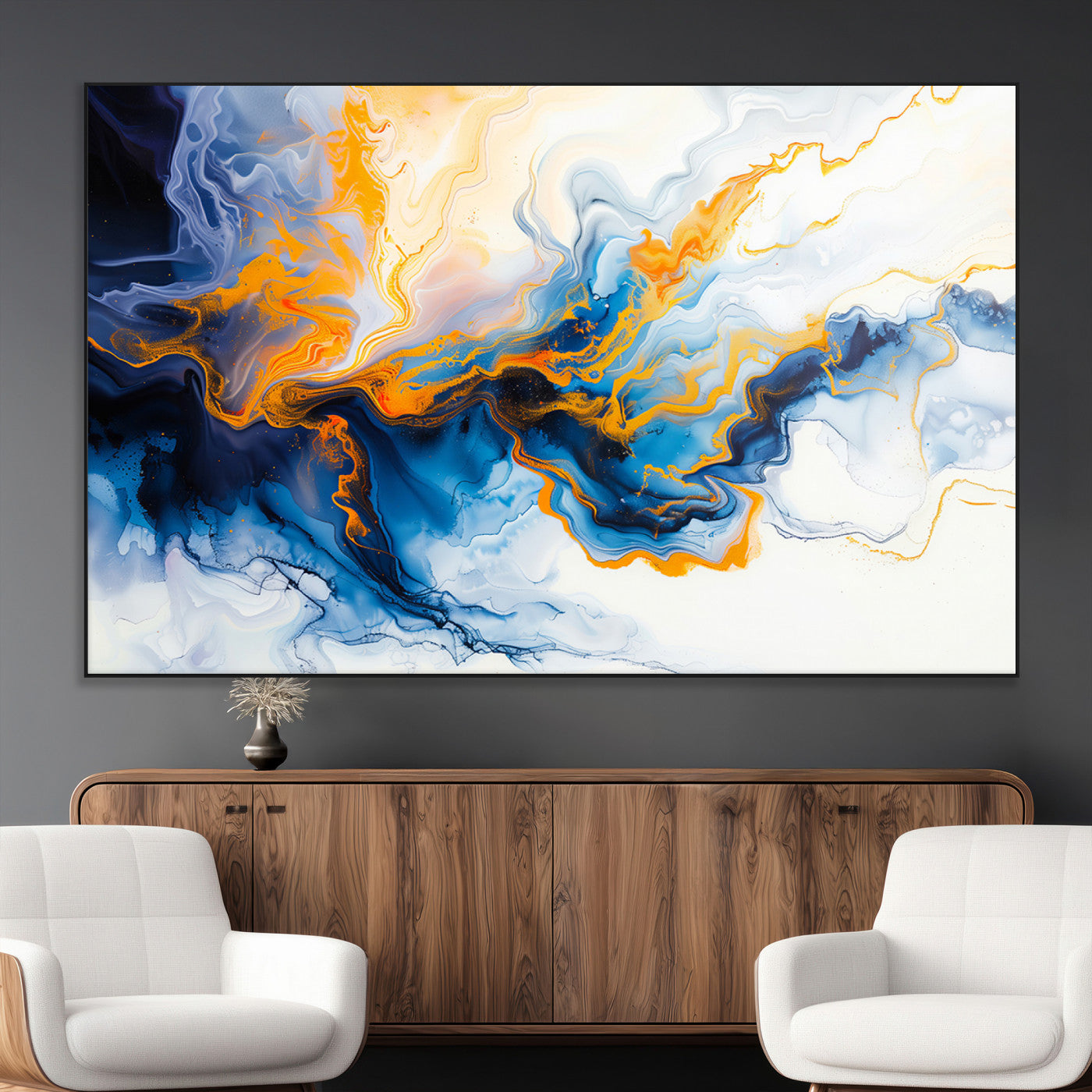 83720-MGV-CV-36X24-Abstract Fluid Wall Art – Blue, White and Gold Swirl Canvas Painting, Modern Contemporary Artwork for Living Room, Bedroom or