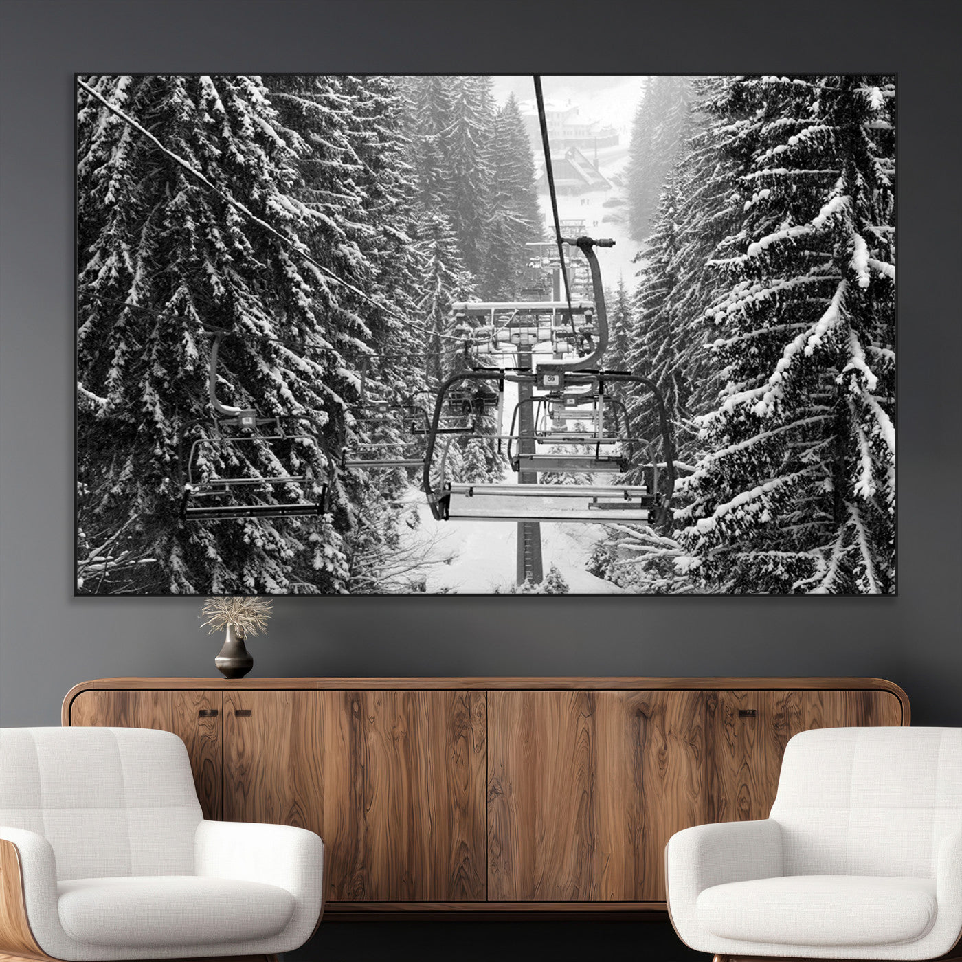 19240-MGV-CV-36X24-Ski Lift Wall Art – Black and White Winter Mountain Canvas Print, Snowy Forest Ski Resort Photography for Cabin, Lodge, Office or