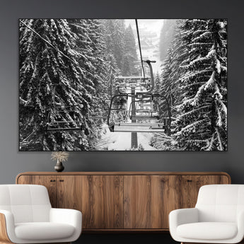 19240-MGV-CV-36X24-Ski Lift Wall Art – Black and White Winter Mountain Canvas Print, Snowy Forest Ski Resort Photography for Cabin, Lodge, Office or