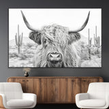 94579-MGV-CV-36X24-Highland Cow Wall Art – Black and White Longhorn Canvas Print, Rustic Western Farmhouse Animal Photography for Living Room,