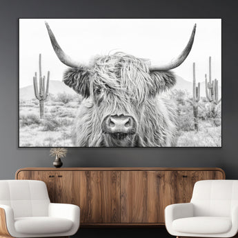 94579-MGV-CV-36X24-Highland Cow Wall Art – Black and White Longhorn Canvas Print, Rustic Western Farmhouse Animal Photography for Living Room,