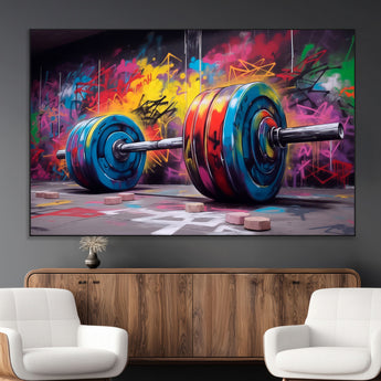 13549-SEG-FC-51X34_Oversize_Oversize-Graffiti Gym Wall Art Canvas Print, Framed Graffiti Barbell Art Picture Print, Weightlifting Perfect Fitness Studio Decor Artwork