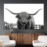 58188-MGV-CV-36X24-Highland Cow Wall Art – Black and White Rustic Farmhouse Canvas Print, Longhorn Cattle Photography Decor for Living Room or