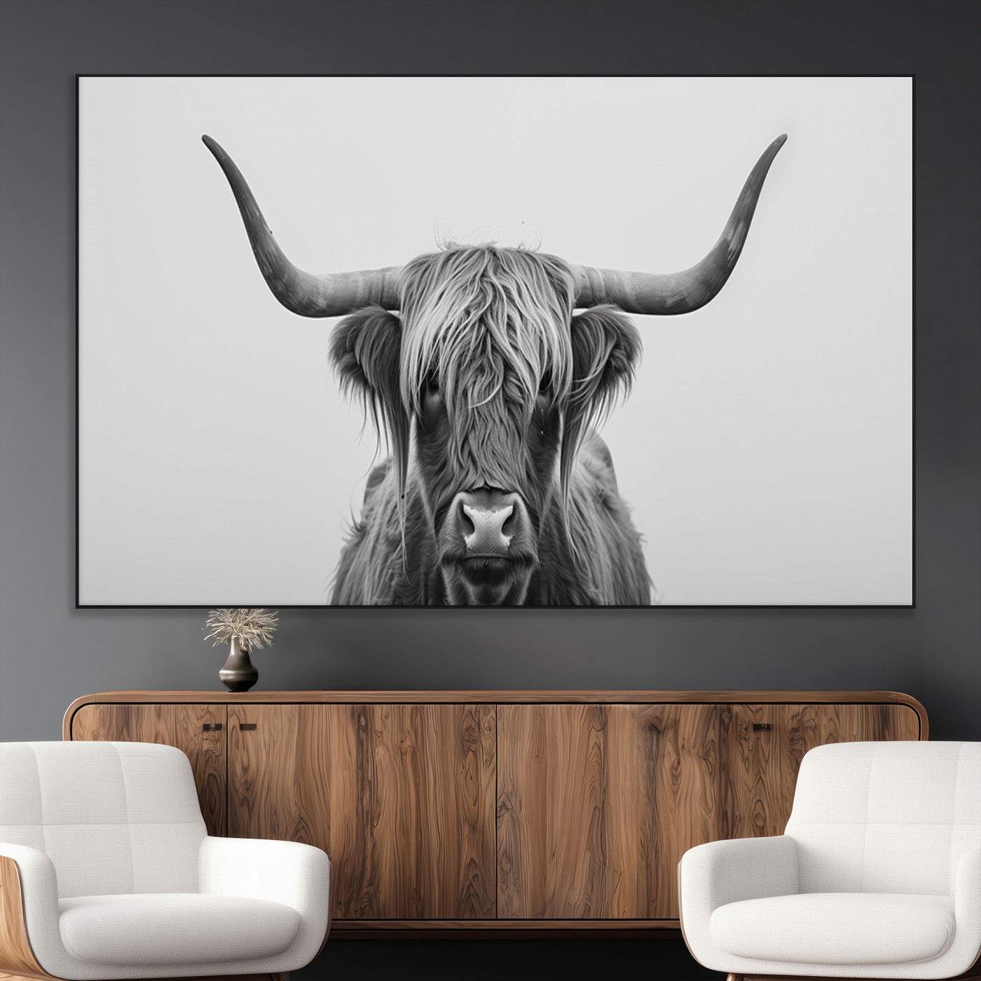 35820-MGV-CV-36X24-Minimalist Highland Cow Wall Art – Black and White Longhorn Cattle Canvas Print, Modern Farmhouse Animal Photography Decor for