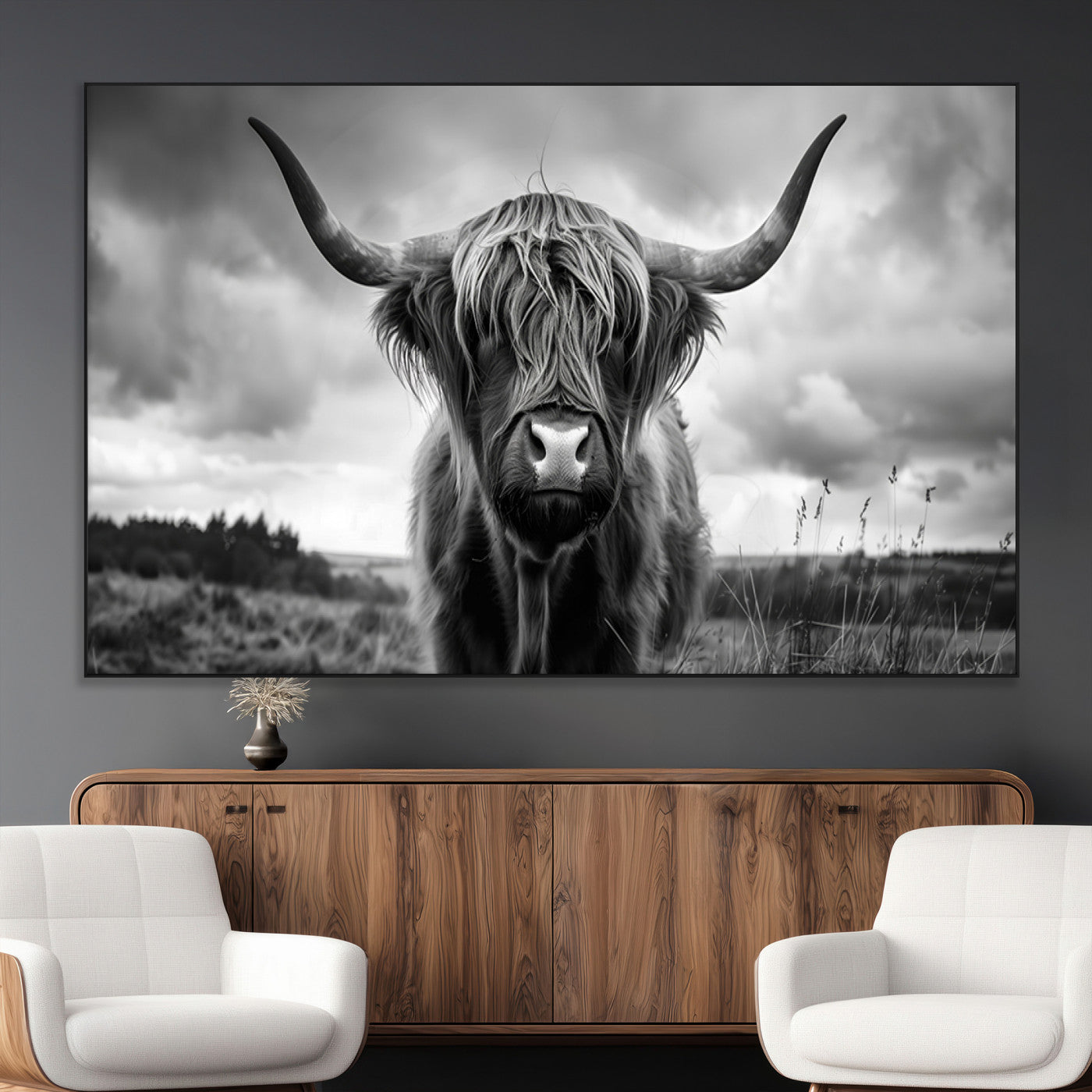 17924-MGV-CV-36X24-Highland Cow Wall Art – Black and White Rustic Longhorn Cattle Canvas Print, Farmhouse Animal Photography Decor for Country Home