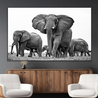91685-MGV-CV-36X24-Elephant Herd Wall Art – Black and White Safari Canvas Print, African Wildlife Photography Decor for Living Room, Office or