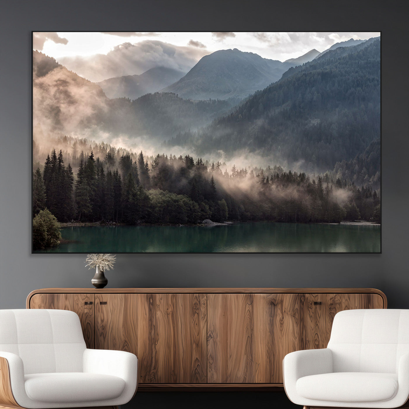 61116-MGV-CV-36X24-Misty Mountain Lake Wall Art – Tranquil Foggy Forest and Lake Canvas Print, Scenic Nature Landscape Decor for Living Room or