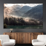 61116-MGV-CV-36X24-Misty Mountain Lake Wall Art – Tranquil Foggy Forest and Lake Canvas Print, Scenic Nature Landscape Decor for Living Room or