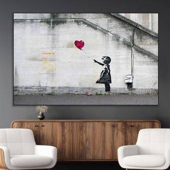 50559-MGV-CV-36X24-Banksy Girl with Balloon Wall Art – Famous Street Graffiti Canvas Print, Modern Urban Artwork for Living Room, Bedroom or Office