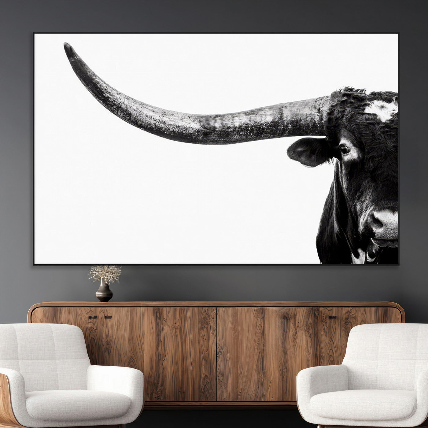 31699-MGV-CV-36X24-Longhorn Wall Art – Black and White Texas Longhorn Cow Canvas Print, Rustic Western Farmhouse Artwork for Living Room, Bedroom or