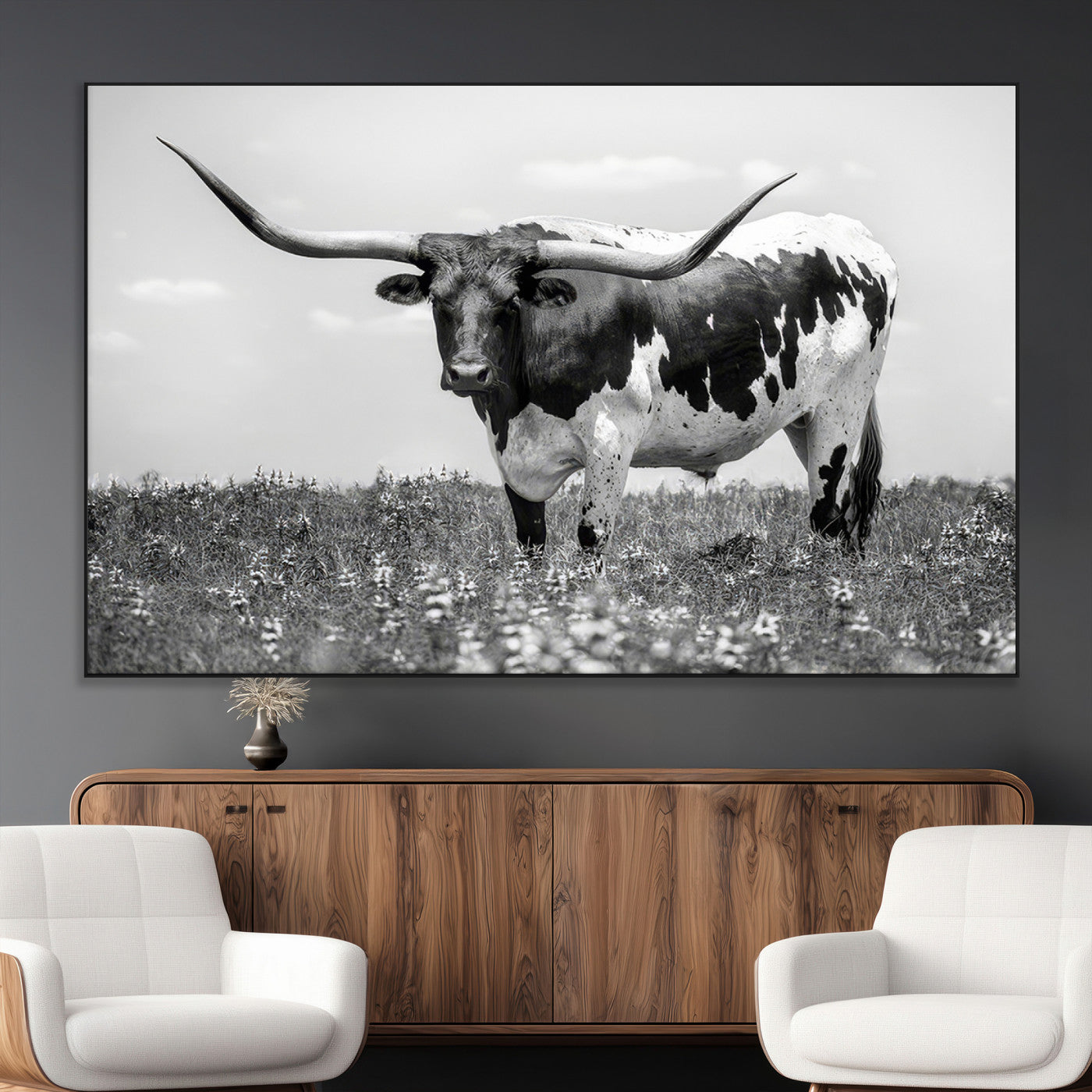 94709-MGV-CV-36X24-Texas Longhorn Wall Art – Black and White Bull Photography Canvas Print, Western Farmhouse Wall Decor for Living Room, Office or