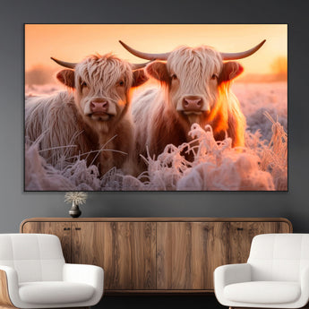 68253-MGV-CV-36X24-Highland Cow Wall Art – Rustic Farmhouse Cattle Canvas Print, Frosty Sunset Animal Artwork for Living Room, Bedroom or Country