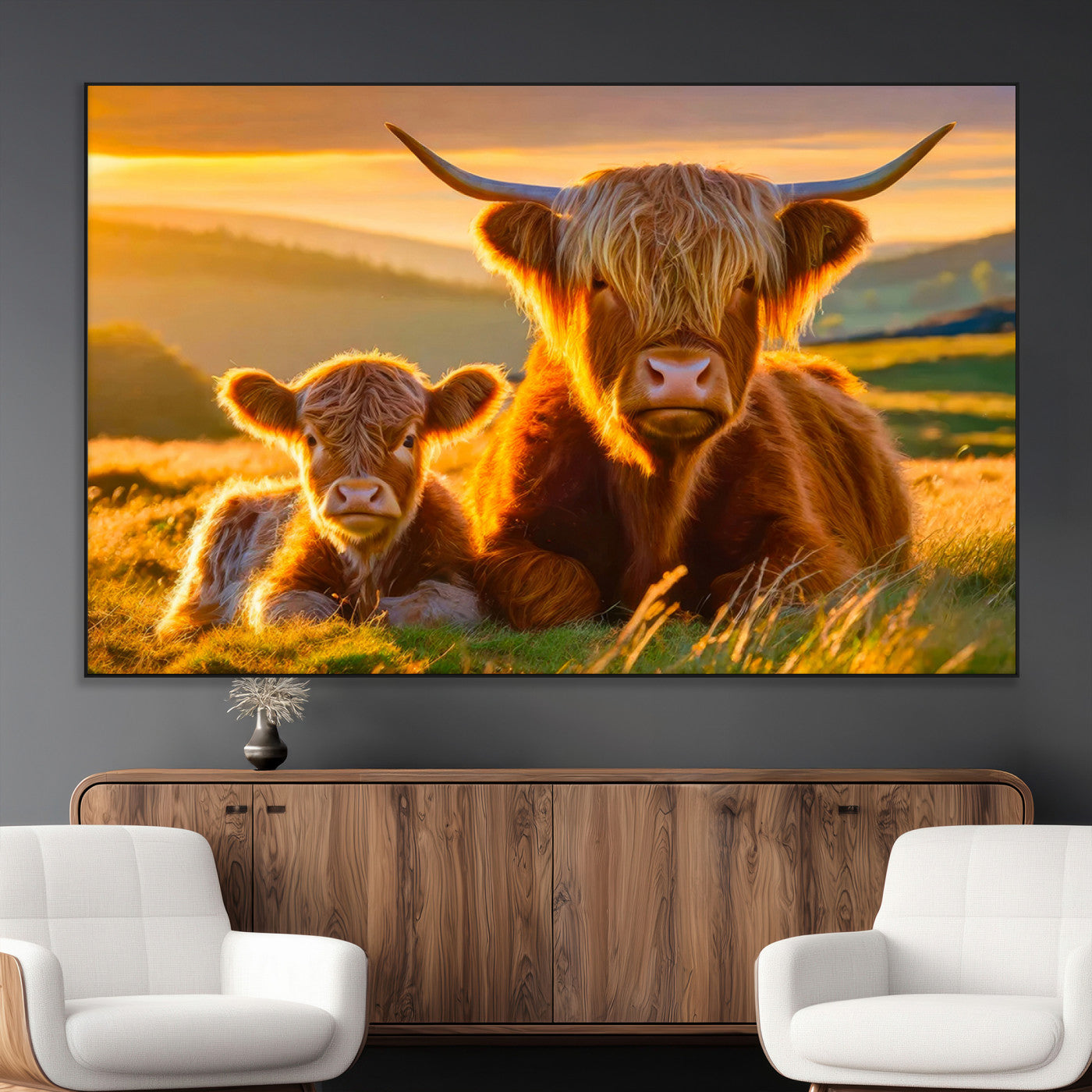20567-MGV-CV-36X24-Highland Cow and Calf Wall Art – Rustic Farmhouse Sunset Cattle Canvas Print, Country Animal Artwork for Living Room, Bedroom, or