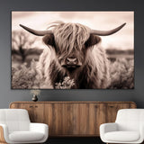 55903-MGV-CV-36X24-Highland Cow Wall Art – Rustic Sepia Scottish Highland Bull Canvas Print, Farmhouse Country Animal Decor for Living Room, Bedroom