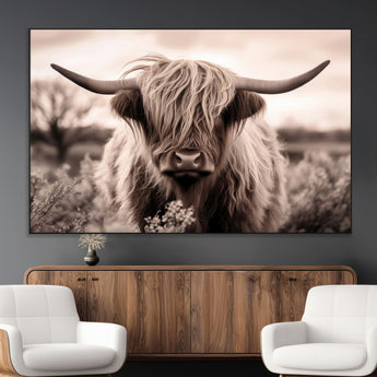 55903-MGV-CV-36X24-Highland Cow Wall Art – Rustic Sepia Scottish Highland Bull Canvas Print, Farmhouse Country Animal Decor for Living Room, Bedroom