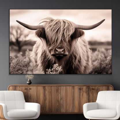 55903-MGV-CV-36X24-Highland Cow Wall Art – Rustic Sepia Scottish Highland Bull Canvas Print, Farmhouse Country Animal Decor for Living Room, Bedroom