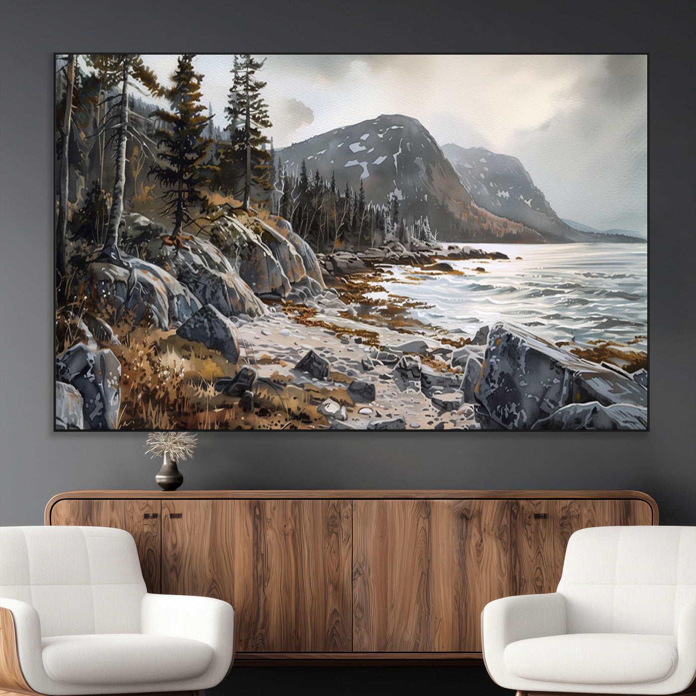 41281-MGV-CV-36X24-Rocky Shoreline Wall Art – Panoramic Mountain Coast and Forest Canvas Print, Rustic Nature Landscape Decor for Cabin, Lodge, or
