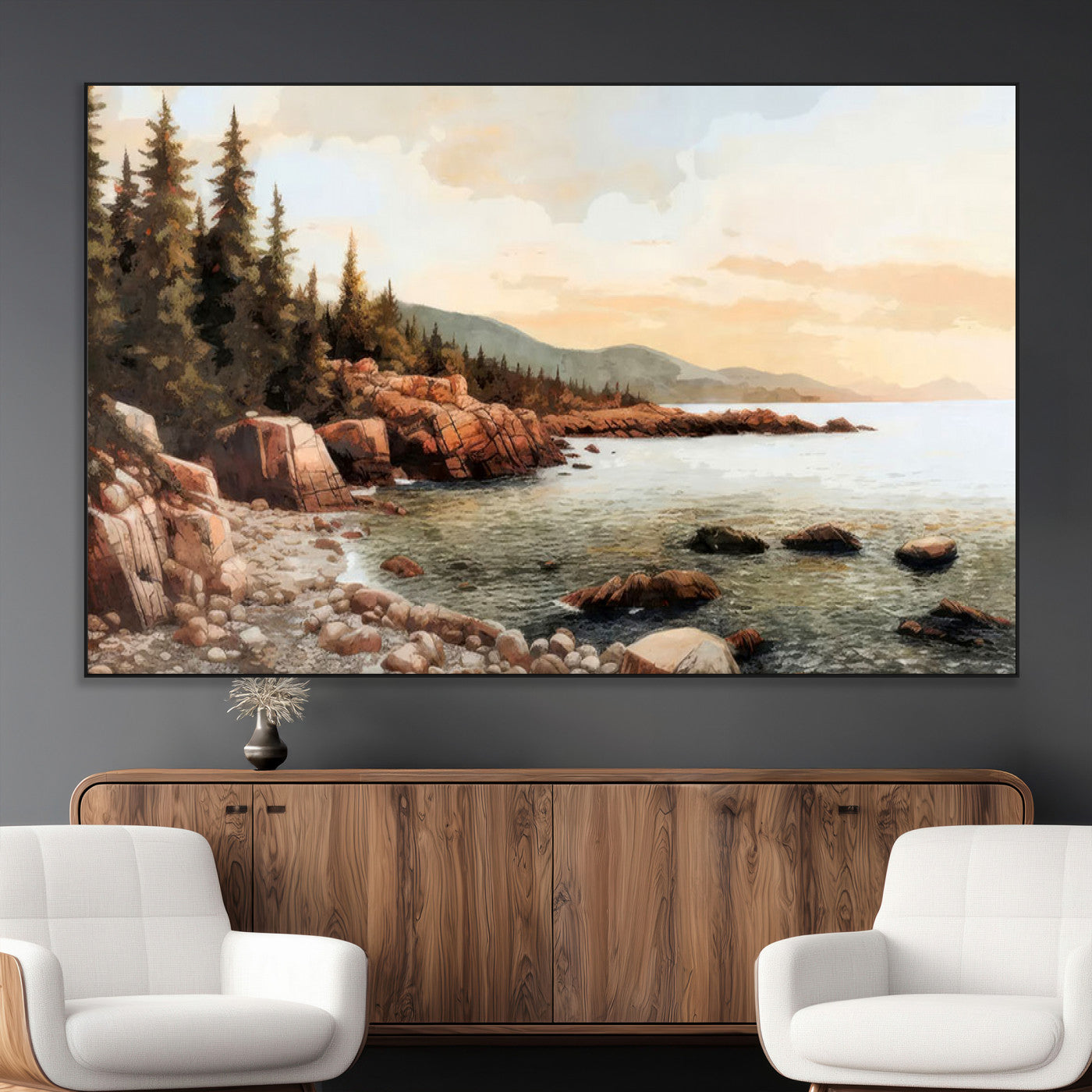 77145-MGV-CV-36X24-Coastal Landscape Wall Art – Panoramic Rocky Shoreline and Pine Trees Canvas Print, Rustic Nature Decor for Cabin, Lodge, Office,