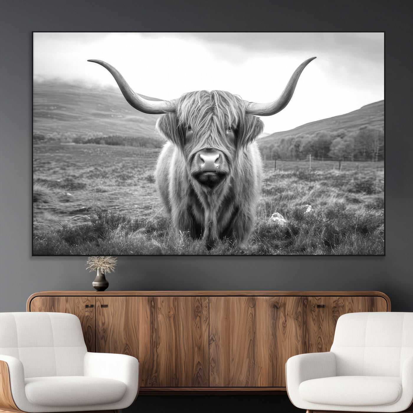 52903-MGV-CV-36X24-Highland Cow Wall Art – Black and White Canvas Print Rustic Cattle Portrait, Farmhouse Country Decor for Living Room, Office,