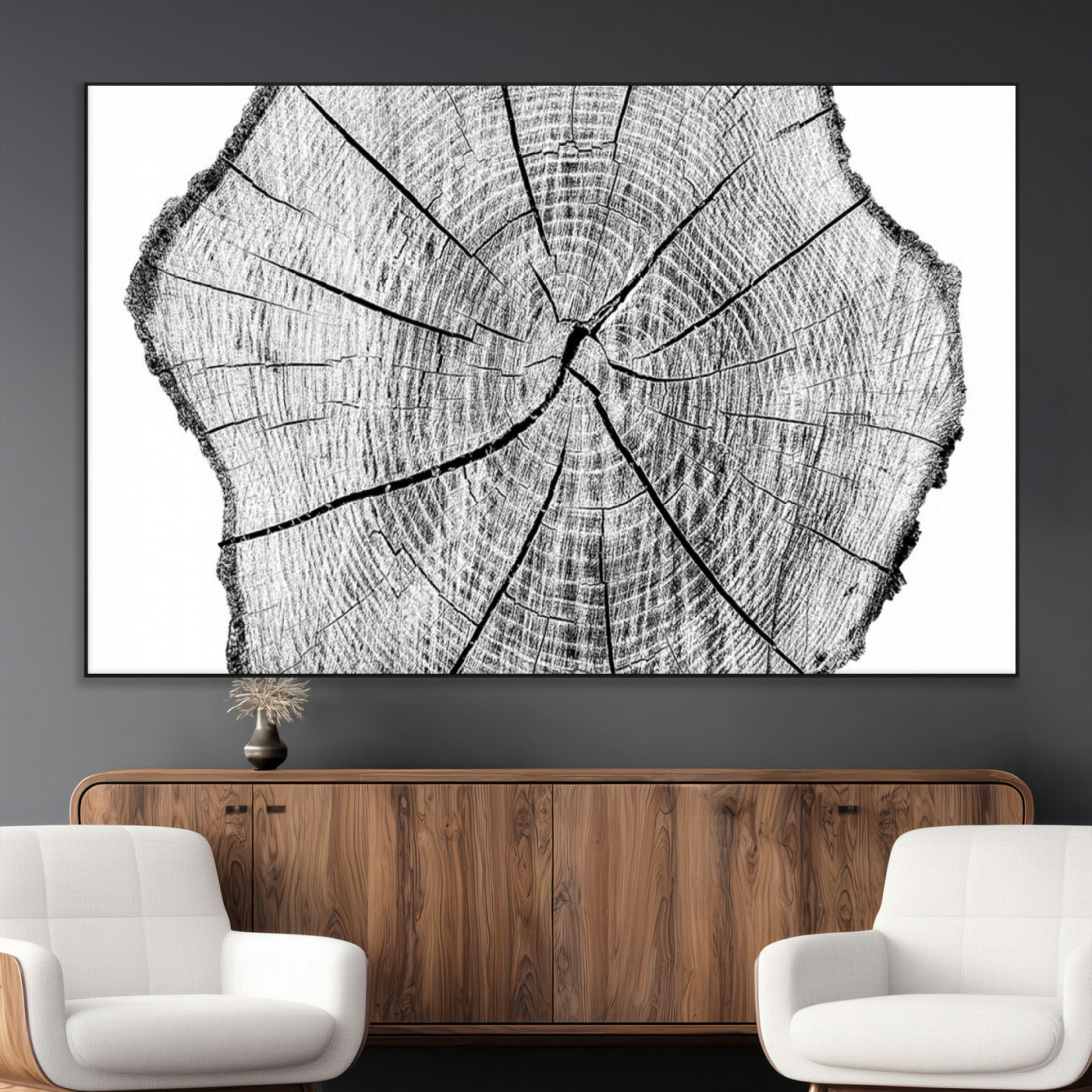 98709-MGV-CV-36X24-Tree Ring Wall Art – Black and White Canvas Print Rustic Wood Cross Section, Minimal Nature Inspired Decor for Living Room,