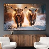 94810-MGV-CV-36X24-Highland Cow Wall Art – Rustic Canvas Print Two Cattle Snow Path Sunset, Farmhouse Country Decor for Living Room, Bedroom, Office,