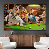 34228-MGV-CV-36X24-Dogs Playing Pool Wall Art Canvas Print, Framed Funny Dog Art Picture Print, Dog Perfect Game Room Decor Artwork