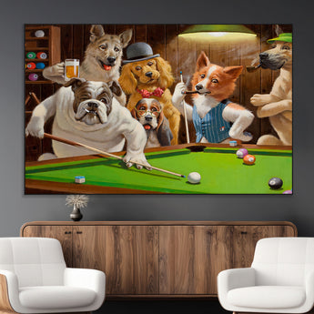 34228-MGV-CV-36X24-Dogs Playing Pool Wall Art Canvas Print, Framed Funny Dog Art Picture Print, Dog Perfect Game Room Decor Artwork