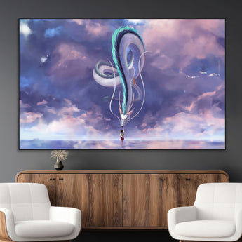 66864-MGV-CV-36X24-Fantasy Dragon Wall Art – Mystical Canvas Print Girl and Sky Serpent Dreamlike Clouds, Magical Anime Inspired Decor for Living