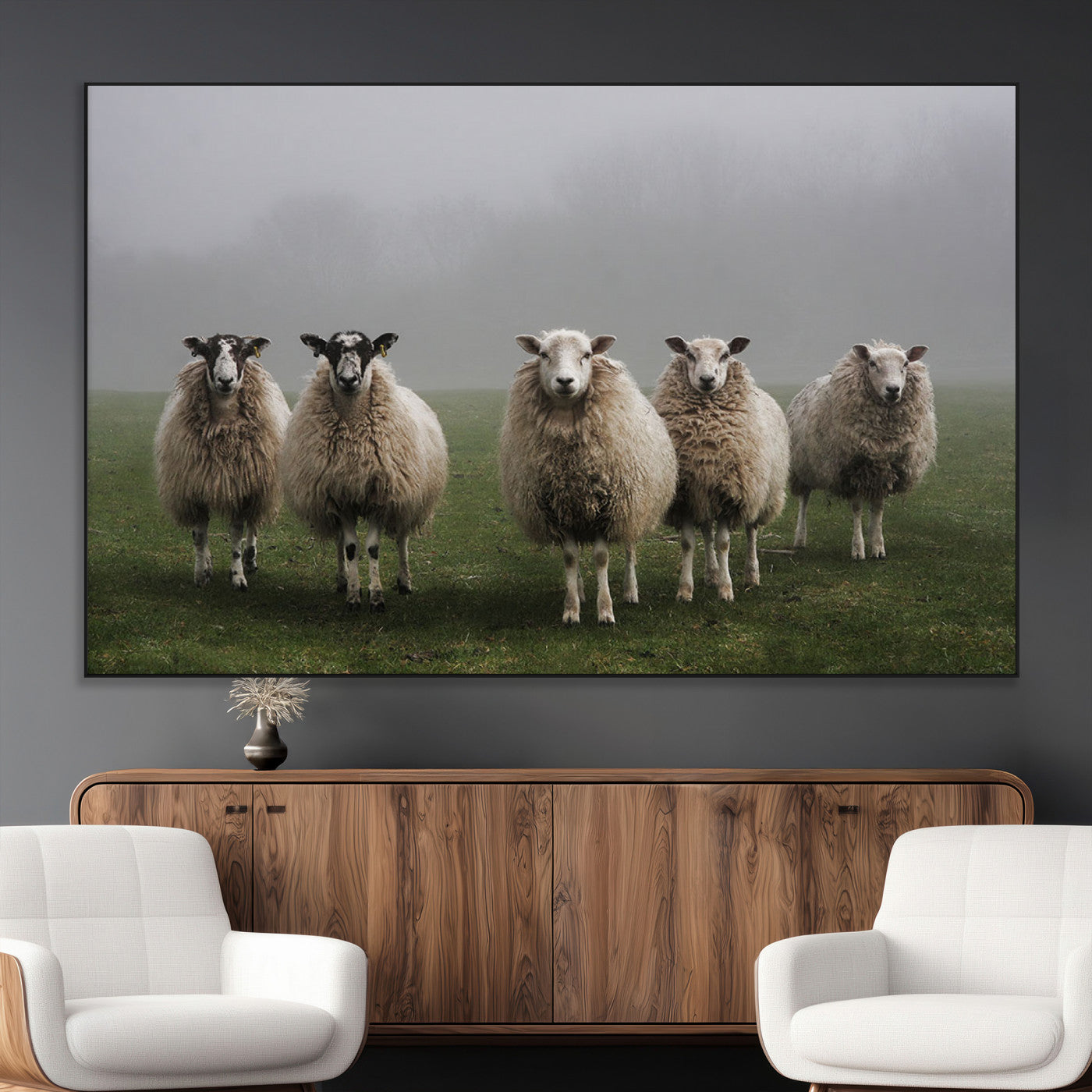 87339-MGV-CV-36X24-Sheep Wall Art – Rustic Farmhouse Canvas Print Flock Standing Misty Field Countryside Photography, Country Animal Decor for Living