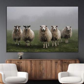 87339-MGV-CV-36X24-Sheep Wall Art – Rustic Farmhouse Canvas Print Flock Standing Misty Field Countryside Photography, Country Animal Decor for Living